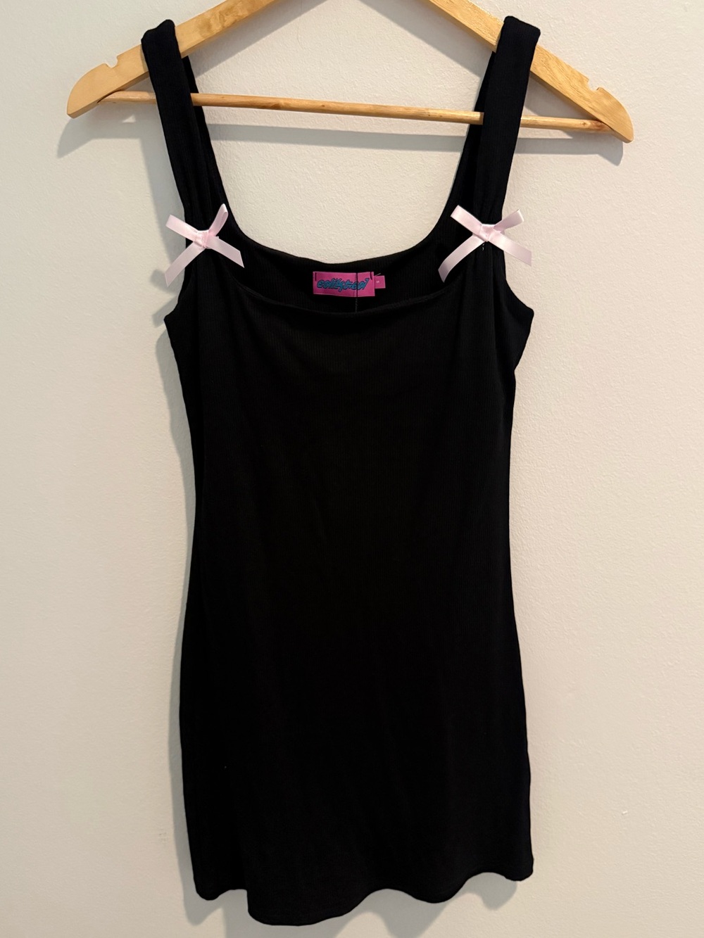 NWT Edikted Black Pink Bow Ribbed Square Neck Bodycon Mini Dress Size Small